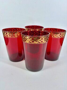 Mouth Blown Glass Tumblers Ruby Red Set 4 Gold Scroll Trim Barware